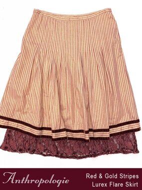 Anthropologie Red & Gold Lurex Stripe Flare Skirt Size 6